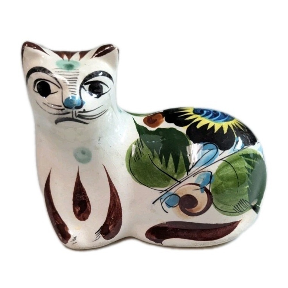 Vintage Tonala Mexican Pottery Cat Figurine - Hand Painted Sunflower Folk Art -